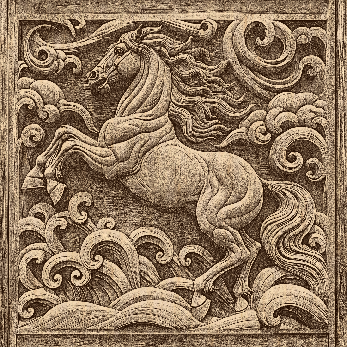 3D Illusion Engraving – Rearing Horse with Decorative Swirls