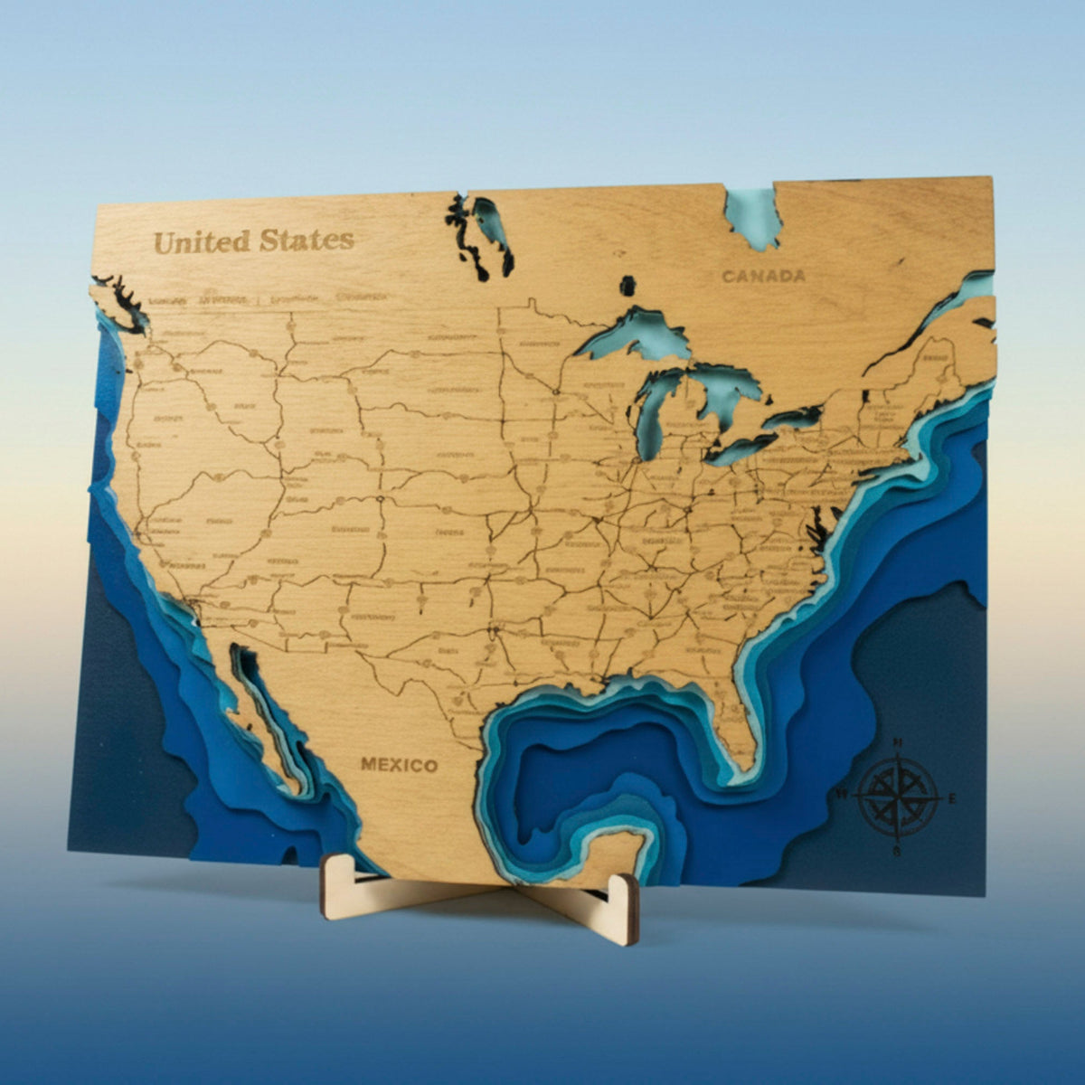 Wooden USA Layered Map with display stand
