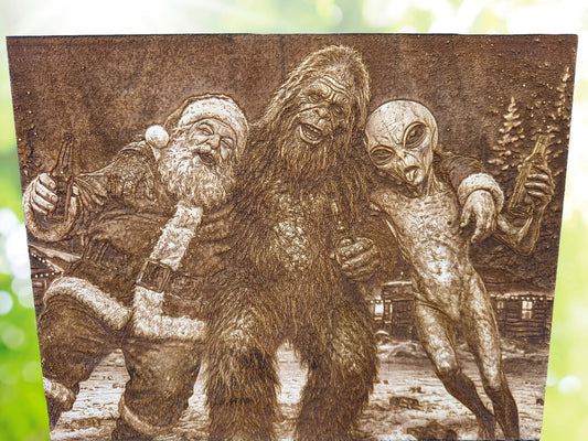 Merry Cryptid Christmas Wood Engraving