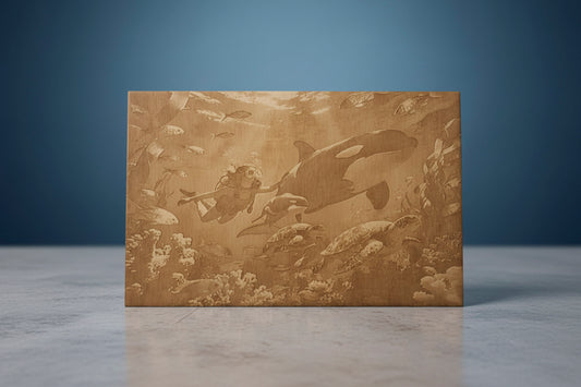 Diver, Orca, Turtle Engraving