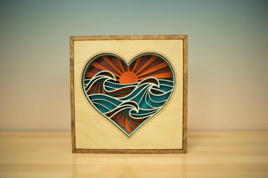 Heart Ocean Sunset Wood Layered Art