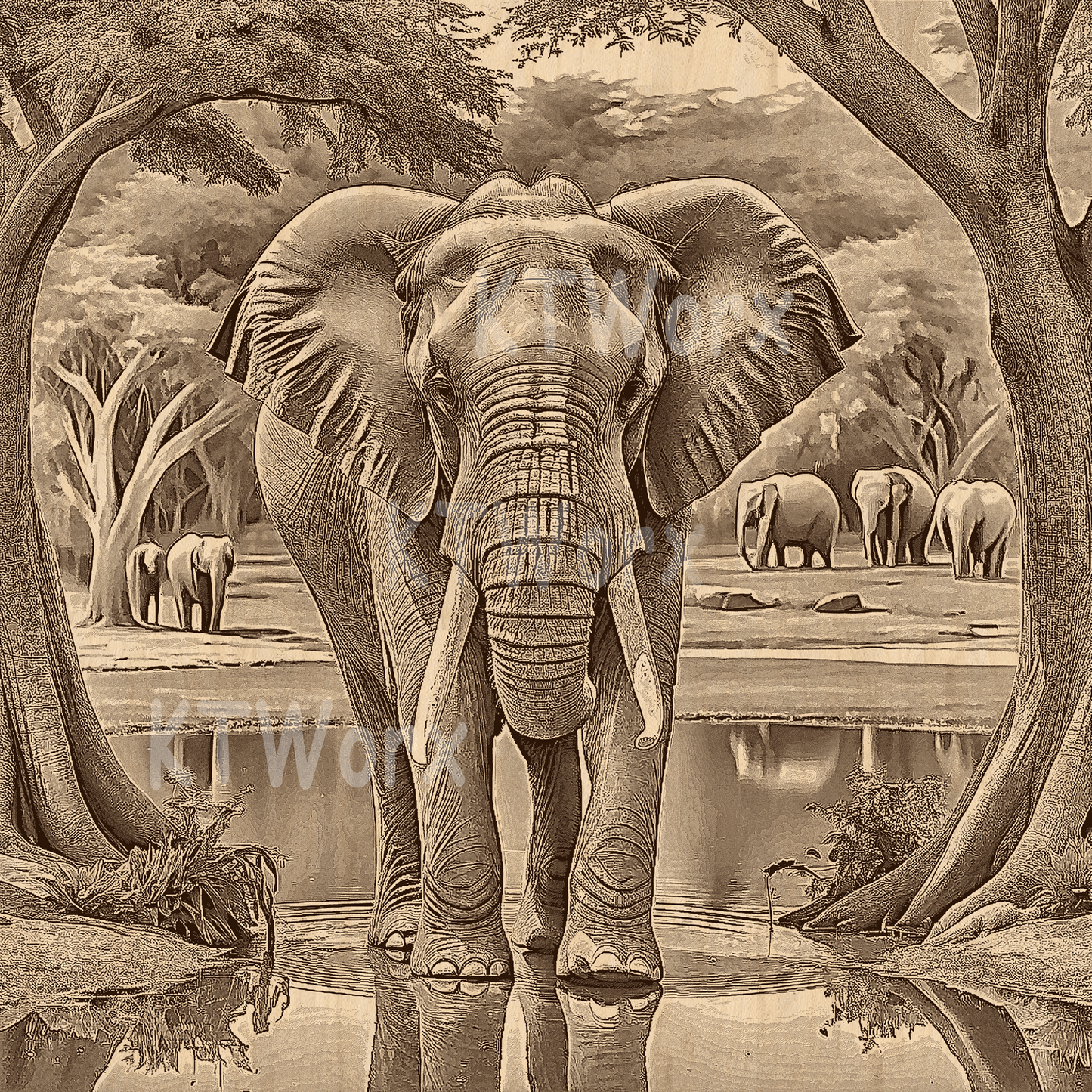 3D Illusion Engraving -Elephant, Herd of Elephants, Elephant in Wild