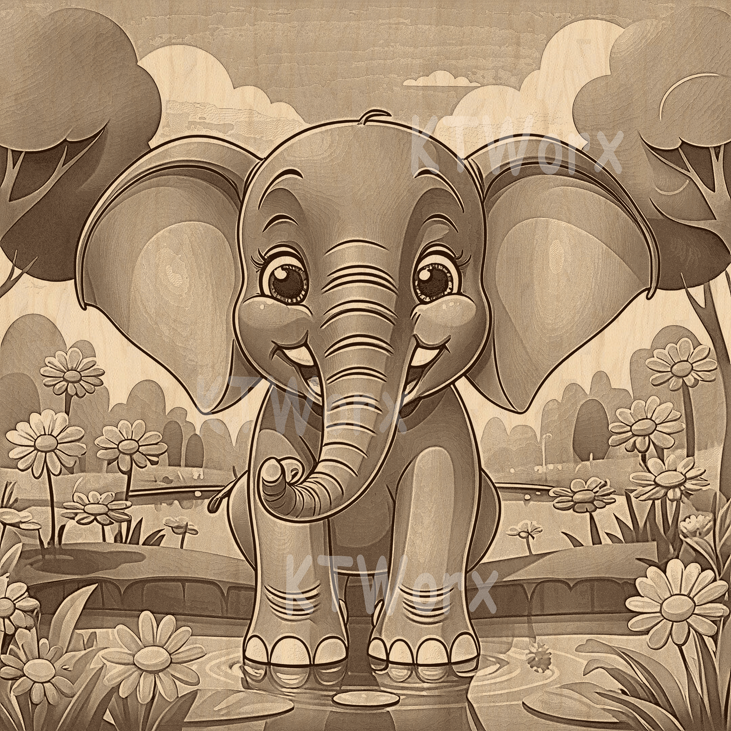 3D Illusion Engraving -Elephant, Cartoon Elephant, Happy Elephant