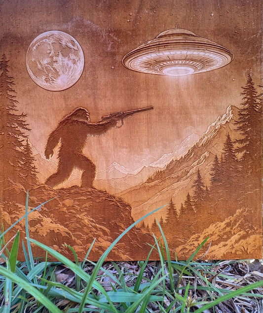 Bigfoot vs. UFO Wood Engraving