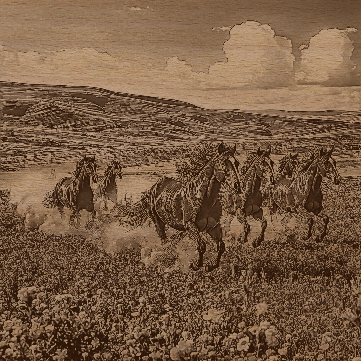 3D Illusion Engraving -Horse Running Through a Meadow
