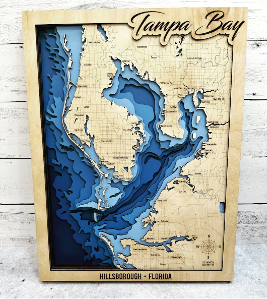 Tampa Bay Bathymetry Map – 8 Layer Laser Cut Wood Art